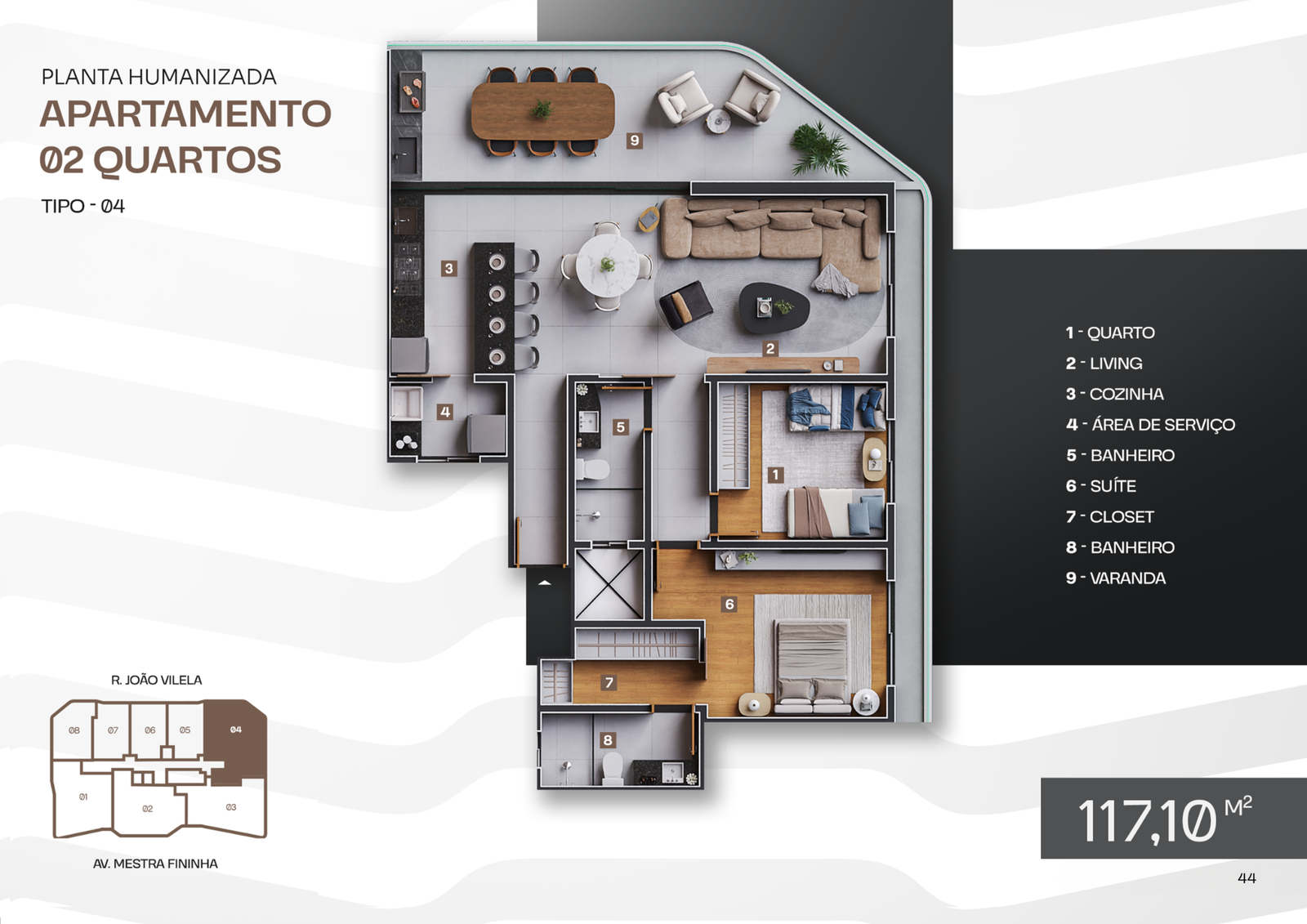 Planta humanizada de apartamento de 2 quartos tipo 04